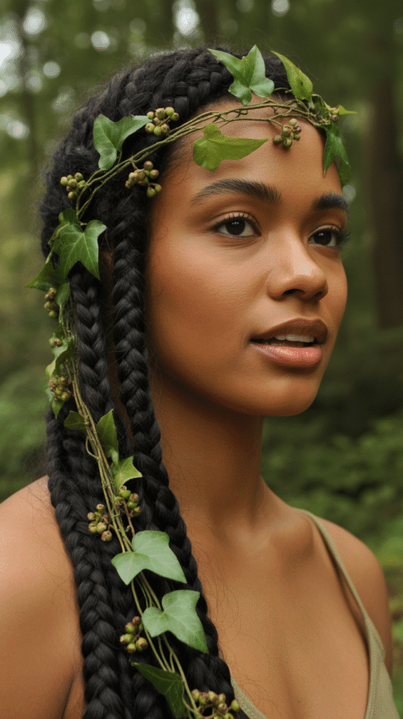 28 Gorgeous Whimsical Hairstyles for Black Women Full of Fantasy Vibes 19 Woodland Nymph Halo Braid with Vines