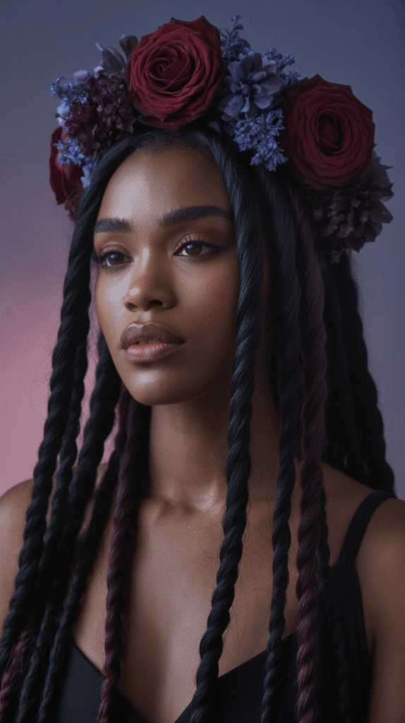 28 Gorgeous Whimsical Hairstyles for Black Women Full of Fantasy Vibes 15  Gothic Fairy Twisted Crown with Dark Florals