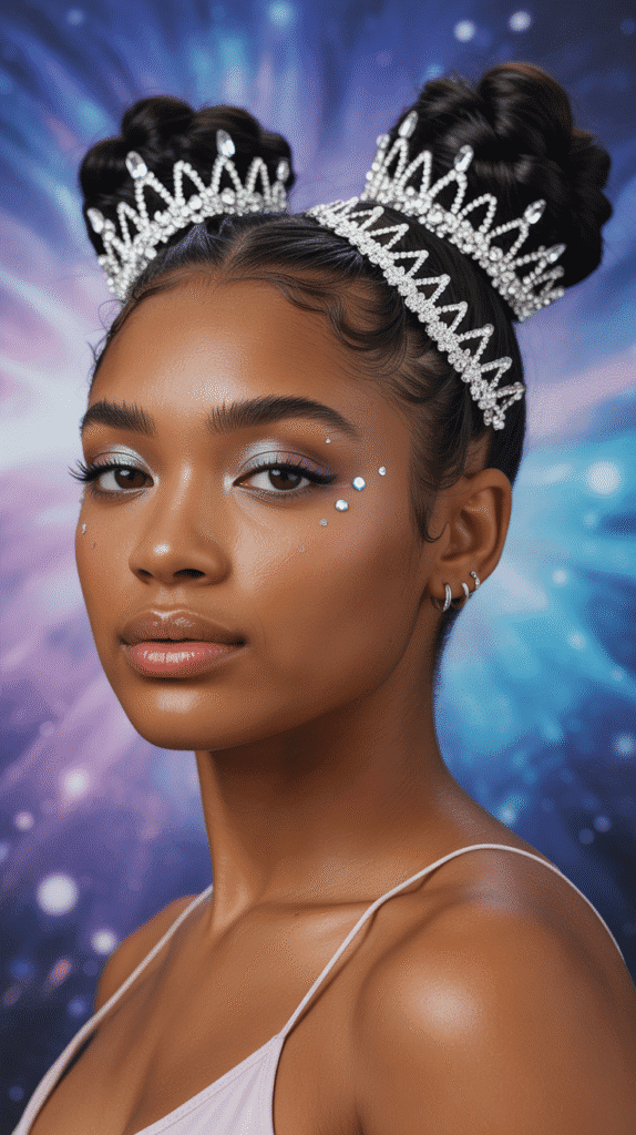 28 Gorgeous Whimsical Hairstyles for Black Women Full of Fantasy Vibes 10 Crystal Crown Space Buns
