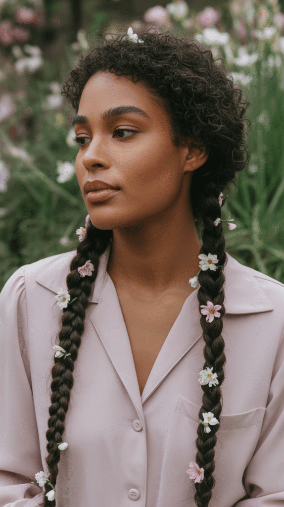 28 Gorgeous Whimsical Hairstyles for Black Women Full of Fantasy Vibes 6 Fairy Tale Fishtail Braids with Flowers