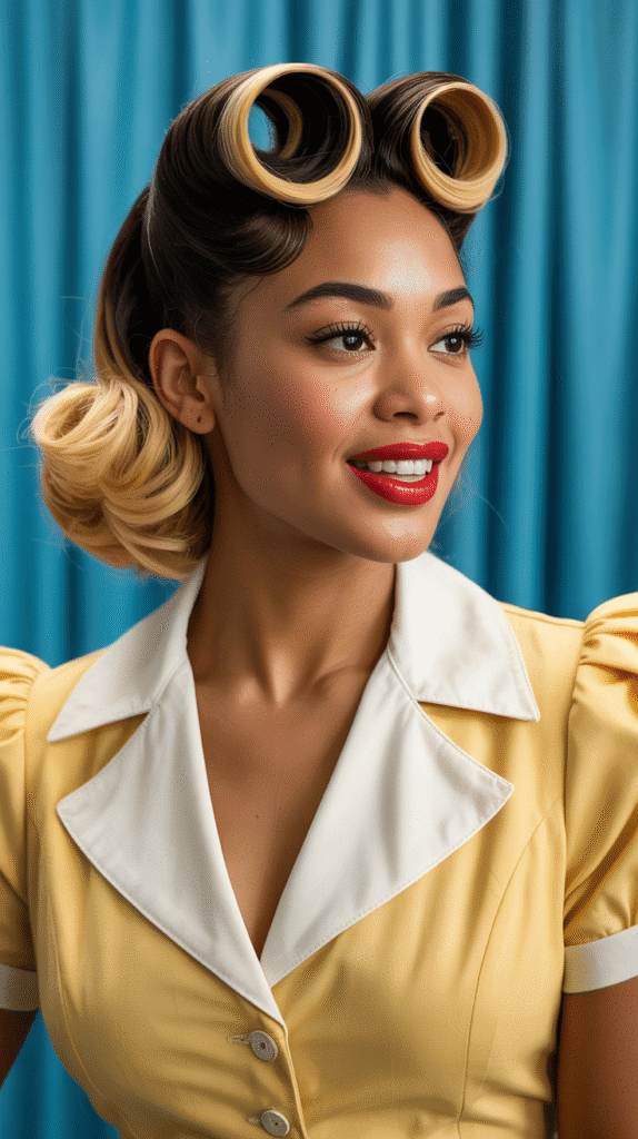 26 Cute Blonde Pin-Up Hairstyles for Black Women With Vintage Vibes 26 Victory Roll Ponytail With Honey Blonde Highlights