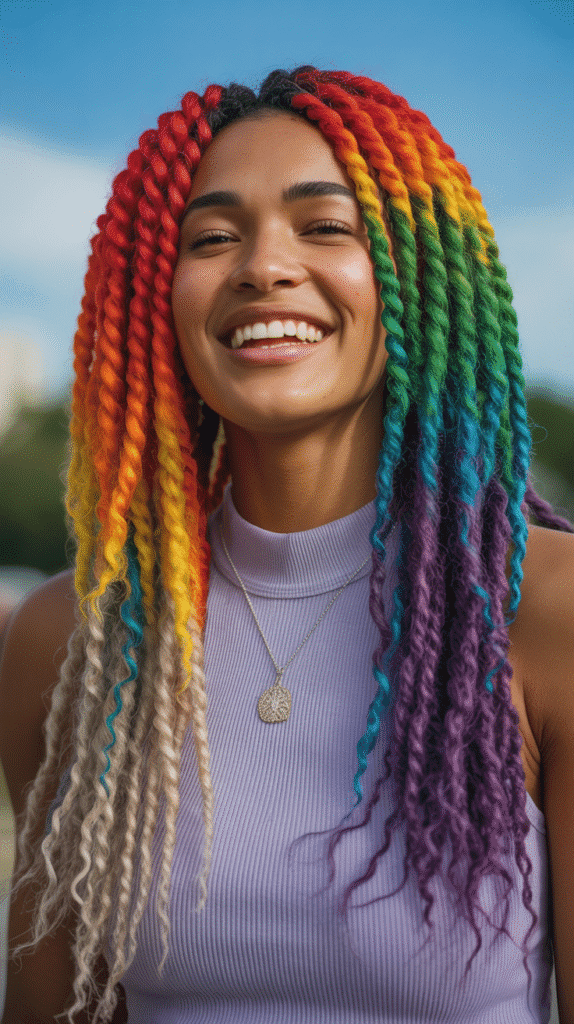 28 Gorgeous Whimsical Hairstyles for Black Women Full of Fantasy Vibes 16  Rainbow Ombre Senegalese Twists