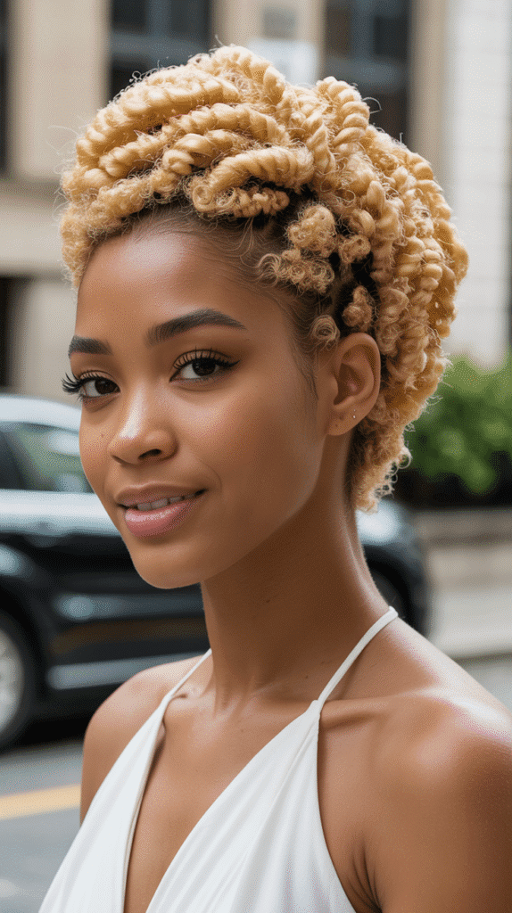 27 Short Blonde Hairstyles for Black Women That Are Totally Trendy 24 black woman with wheat blonde twisted up EvrnYItYQV6ouz2sKdusSg HAfSP54RRJSpuCh0aW86SA