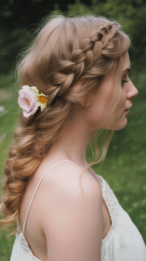 27 Elegant Whimsical Updo Hairstyles to Elevate Your Look 2  Braided Crown with Loose Curls