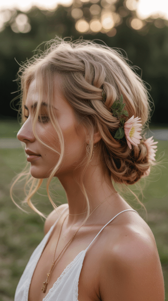 27 Elegant Whimsical Updo Hairstyles to Elevate Your Look 7 Bohemian Side-Swept Updo