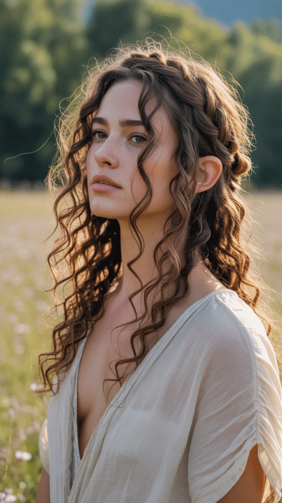 27 Gorgeous Elf Hairstyles for Curly Hair Full of Fantasy Charm 7 Bohemian Messy Crown Braid
