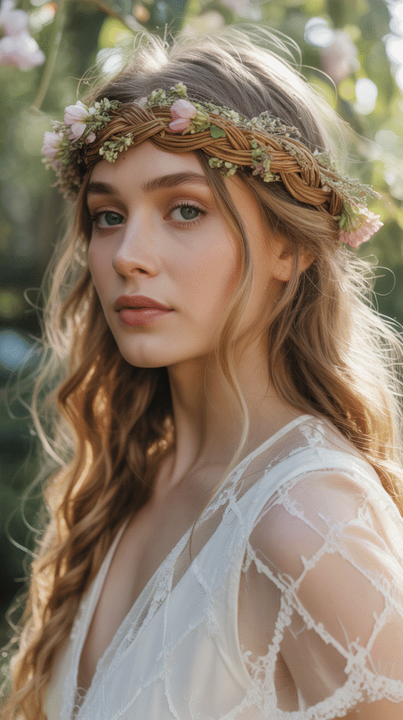 28 Enchanting Whimsical Hairstyles for Long Hair Perfect for Any Occasion 20 Braided Crown with Flowers