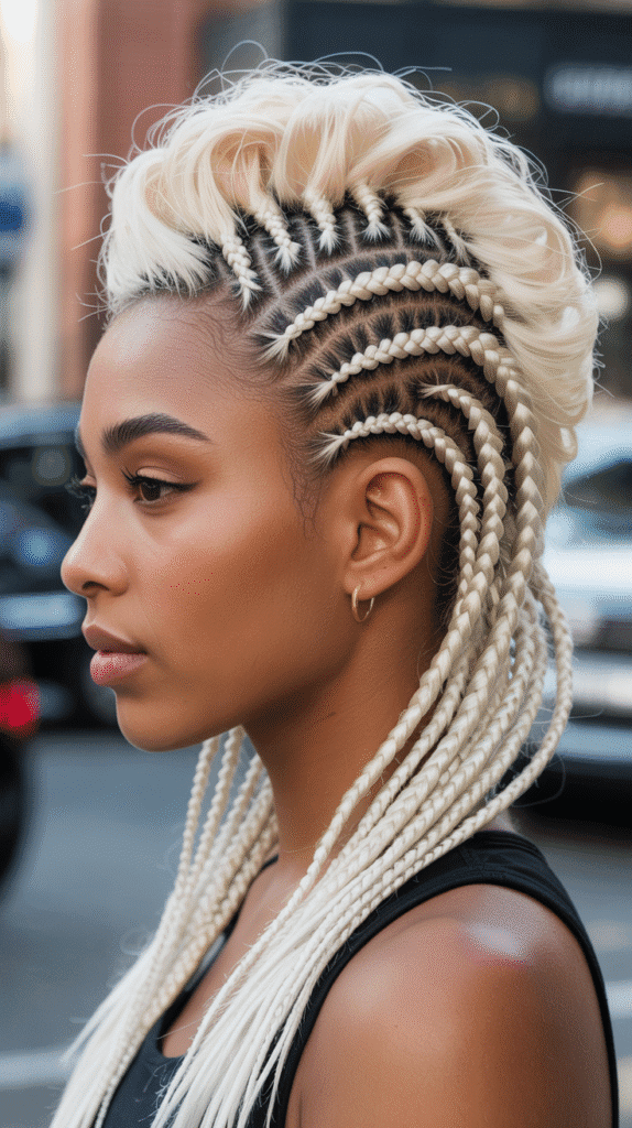 27 Classic Blonde Updo Hairstyles for Black Women for Every Occasion 14 Braided Blonde Mohawk Updo
