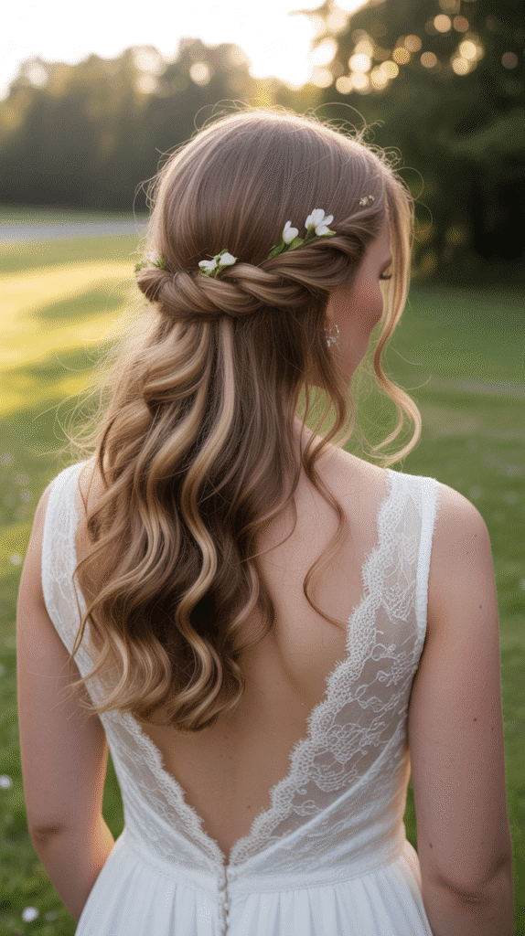 25 Romantic Whimsical Wedding Hairstyles for a Magical Bridal Look 5 Half-Up Twisted Crown
