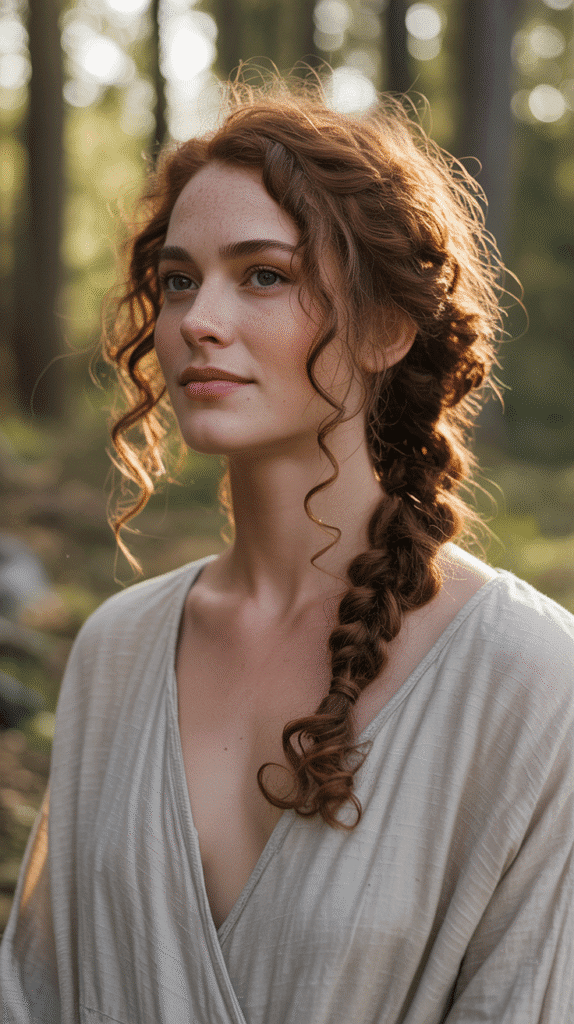 27 Gorgeous Elf Hairstyles for Curly Hair Full of Fantasy Charm 20 Messy Side Braid with Pulled-Out Curls