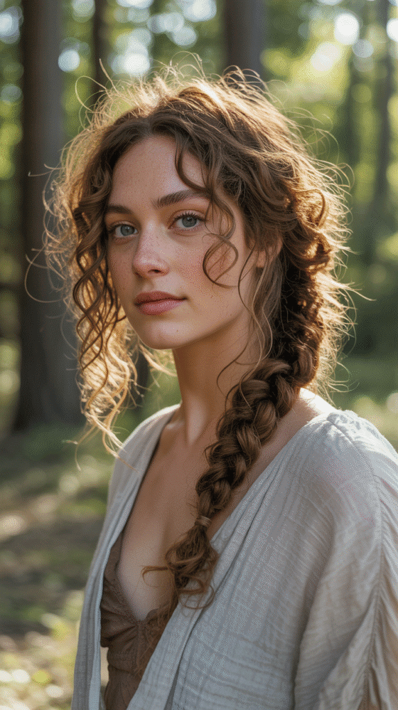 27 Gorgeous Elf Hairstyles for Curly Hair Full of Fantasy Charm 14 Asymmetrical Braid with Undone Texture