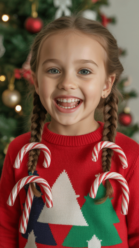 25 Easy Christmas Hairstyles for Kids You Can Do in Minutes 2 Candy Cane Braided Pigtails