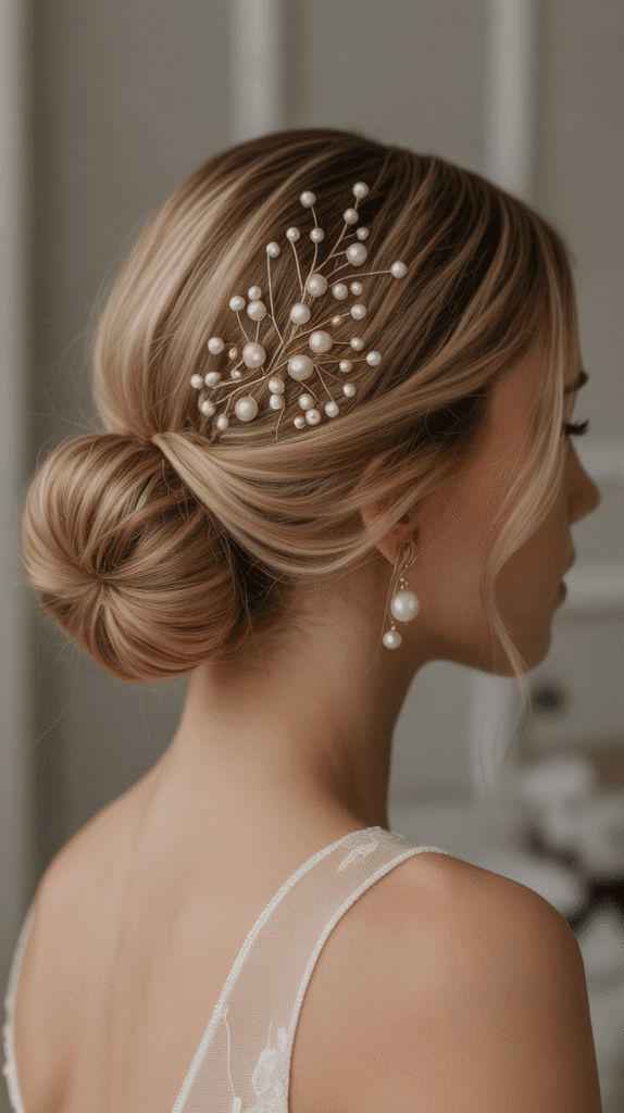 27 Elegant Whimsical Updo Hairstyles to Elevate Your Look 27 Classic Chignon with Pearl Details