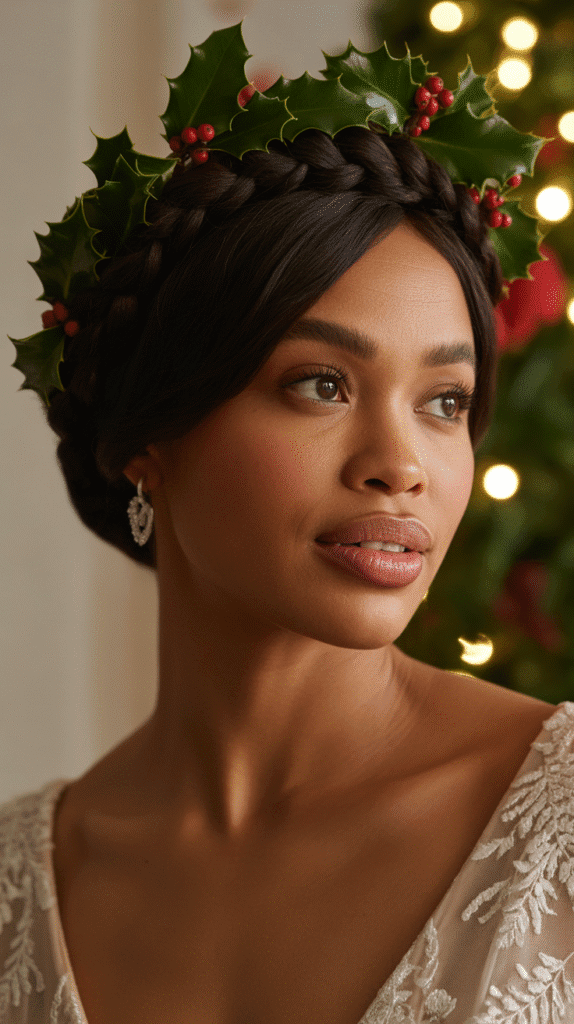 27 Festive Christmas Hairstyles for Black Girls That Shine Bright 2 Elegant Twisted Crown with Holly Accessories