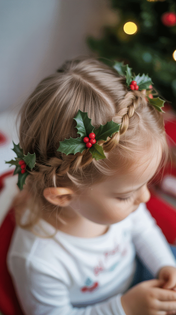 25 Adorable Christmas Hairstyles for Kids That Spark Holiday Joy 2 Festive Braided Crown with Holly Accents