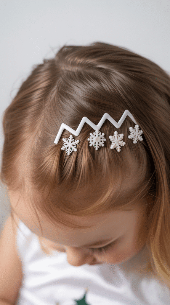 25 Easy Christmas Hairstyles for Kids You Can Do in Minutes 11 Zigzag Part with Snowflake Clips