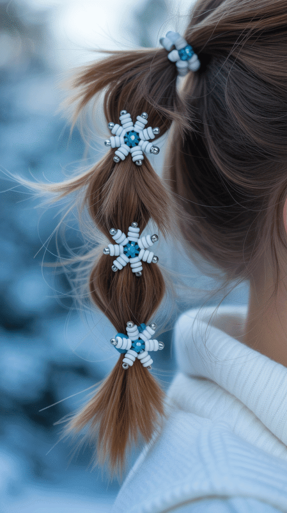 28 Fun Christmas Hairstyles for Kids with Beads Full of Holiday Spirit 2 Snowflake-Themed Beaded Pigtails