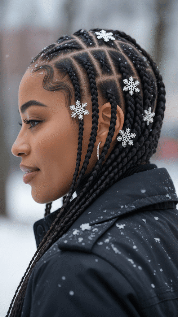 27 Festive Christmas Hairstyles for Black Girls That Shine Bright 6  Side-Swept Cornrows with Snowflake Charms
