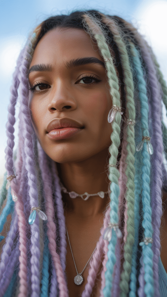 28 Gorgeous Whimsical Hairstyles for Black Women Full of Fantasy Vibes 1 Pastel Rainbow Goddess Locs
