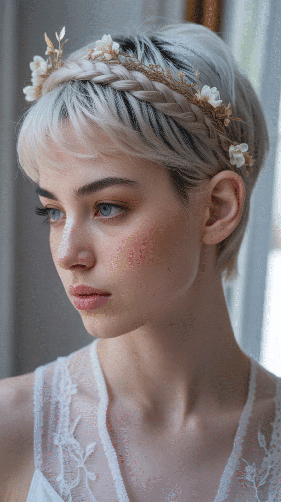 27 Magical Elf Hairstyles for Short Hair Perfect for Cosplay or Holidays 1 Pixie Crown Braid