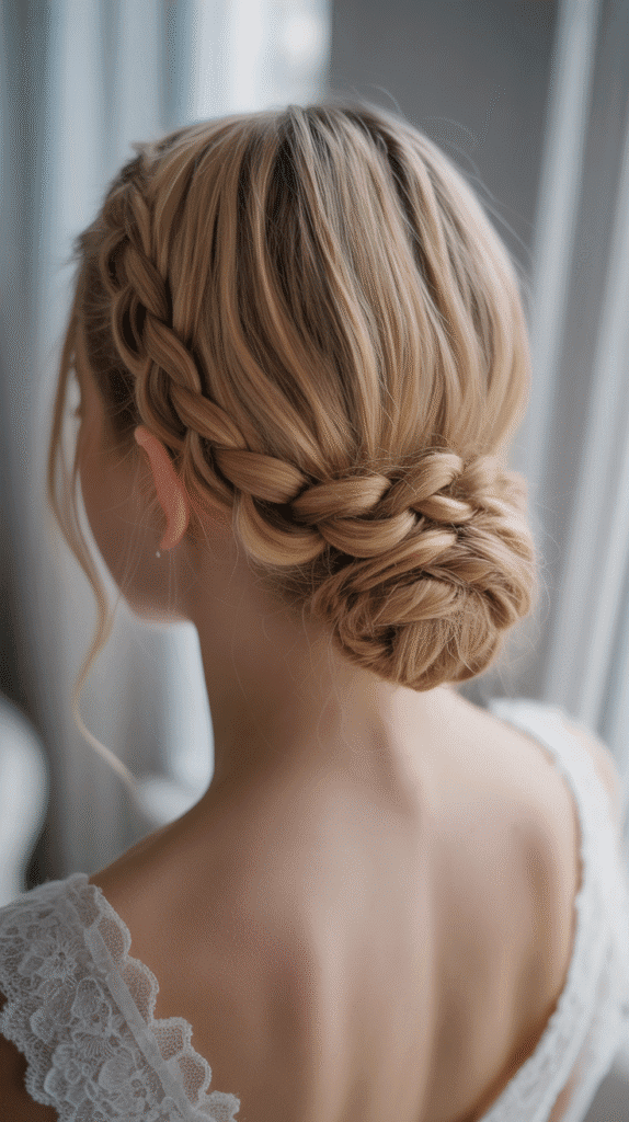27 Elegant Whimsical Updo Hairstyles to Elevate Your Look 25 Crown Braid with Low Bun