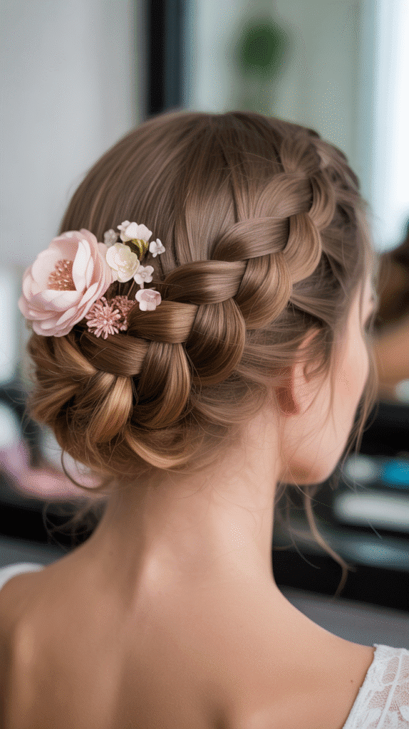 25 Romantic Whimsical Wedding Hairstyles for a Magical Bridal Look 11 Braided Updo with Floral Pins