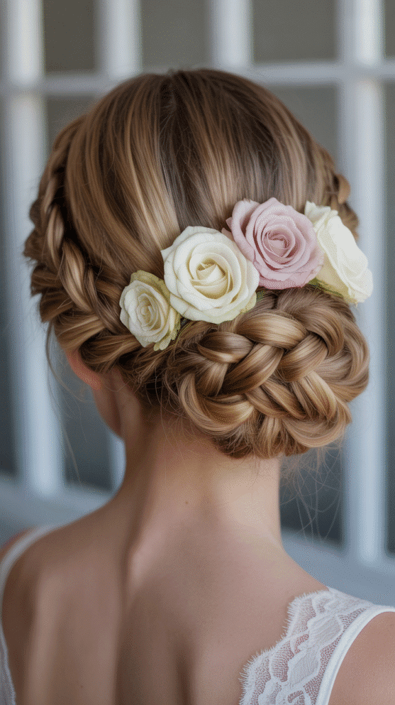 25 Romantic Whimsical Wedding Hairstyles for a Magical Bridal Look 20  Braided Chignon with Flowers