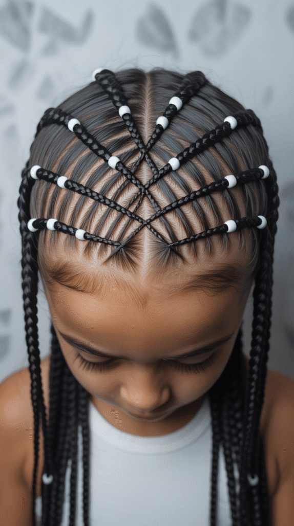 33 Fun Braided Hairstyles for Kids with Beads 14 Criss-Cross Pattern Braids with Two-Tone Beads