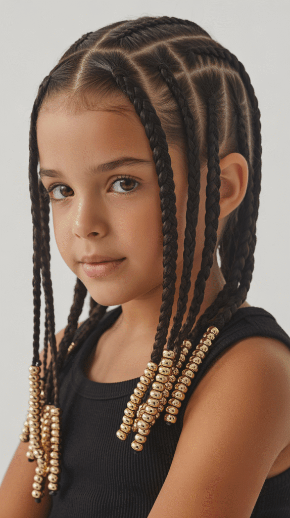 33 Fun Braided Hairstyles for Kids with Beads 19 Diagonal Braids with Metallic Gold Beads