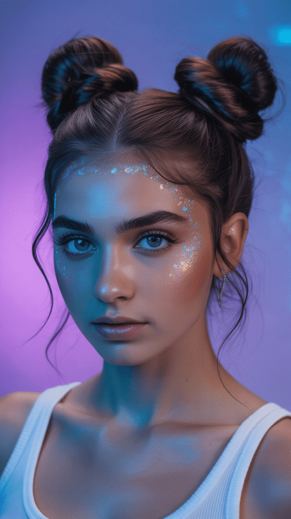 30 Step-by-Step Whimsical Hairstyle Tutorials Anyone Can Try 9 The Celestial Space Buns with Glitter