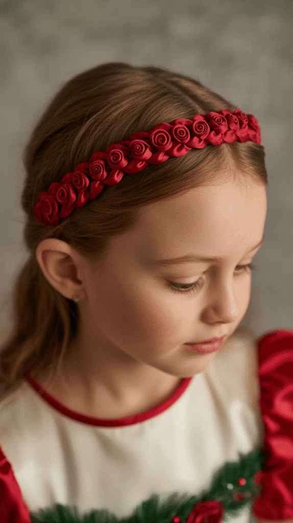 25 Easy Christmas Hairstyles for Kids You Can Do in Minutes 17 Braided Headband with Red Roses