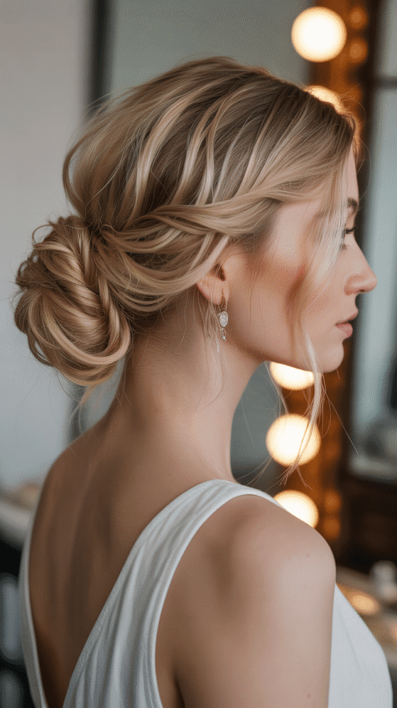 27 Elegant Whimsical Updo Hairstyles to Elevate Your Look 1 Romantic Twisted Low Bun