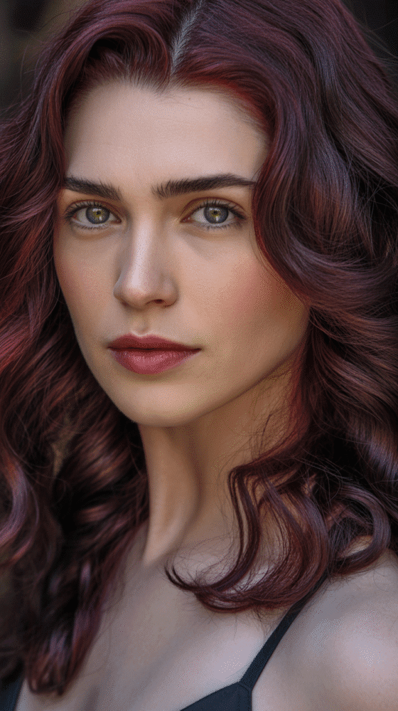 28 Best Hair Colors for Pale Skin and Green Eyes to Brighten Your Style 12  Burgundy – Deep and Dramatic