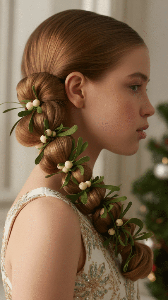 25 Easy Christmas Hairstyles for Kids You Can Do in Minutes 18 Twisted Side Updo with Mistletoe