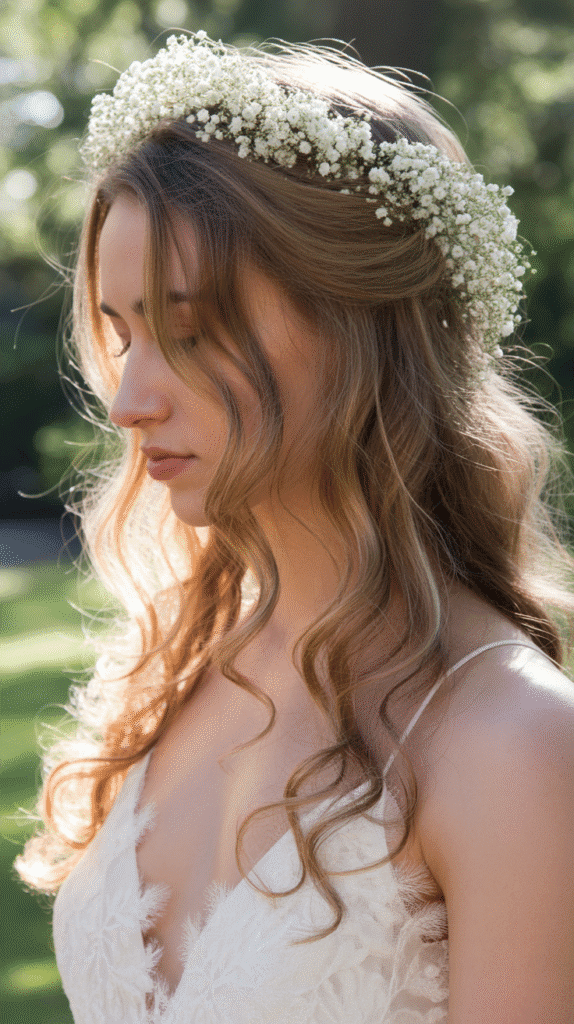 25 Romantic Whimsical Wedding Hairstyles for a Magical Bridal Look 1 Loose Bohemian Waves with Baby's Breath