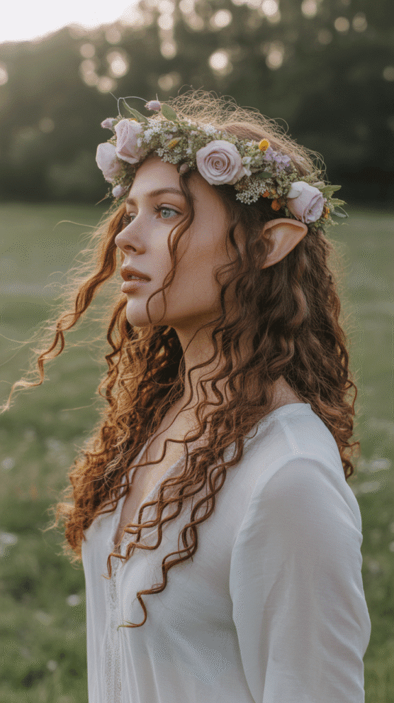 27 Gorgeous Elf Hairstyles for Curly Hair Full of Fantasy Charm 5 Flower Crown with Free-Flowing Curls