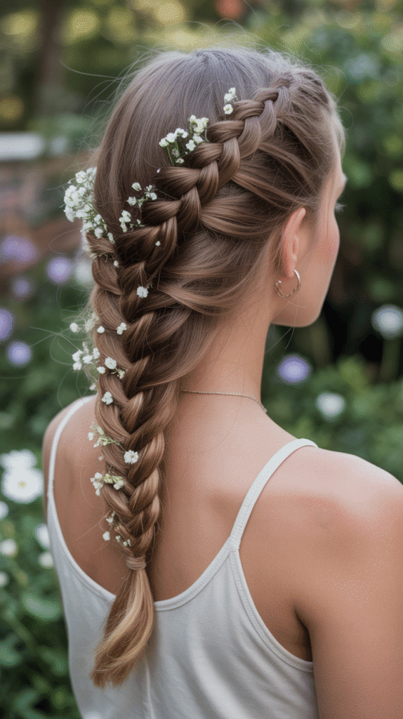 30 Dreamy Whimsical Hairstyles for Medium-Length Hair You'll Fall in Love With 9 Fishtail Braid with Flowers