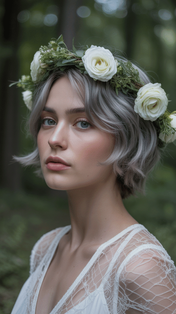 27 Magical Elf Hairstyles for Short Hair Perfect for Cosplay or Holidays 6 Floral Crown Integration