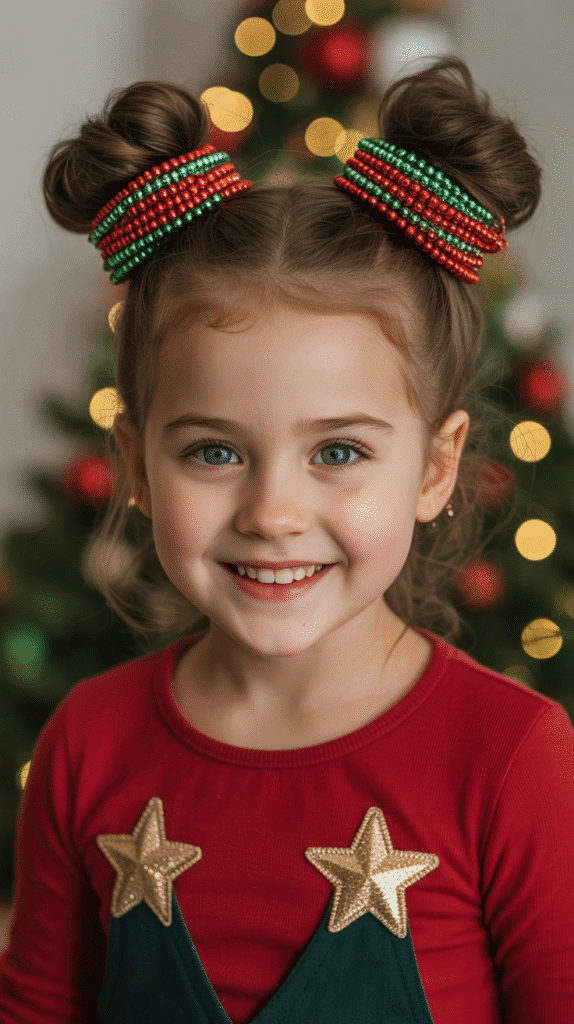 28 Fun Christmas Hairstyles for Kids with Beads Full of Holiday Spirit 12 Double Bun Style with Beaded Wraps