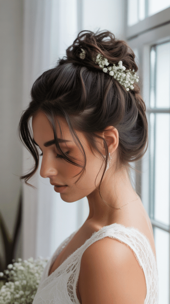 25 Romantic Whimsical Wedding Hairstyles for a Magical Bridal Look 8 Textured Topknot with Face-Framing Tendrils