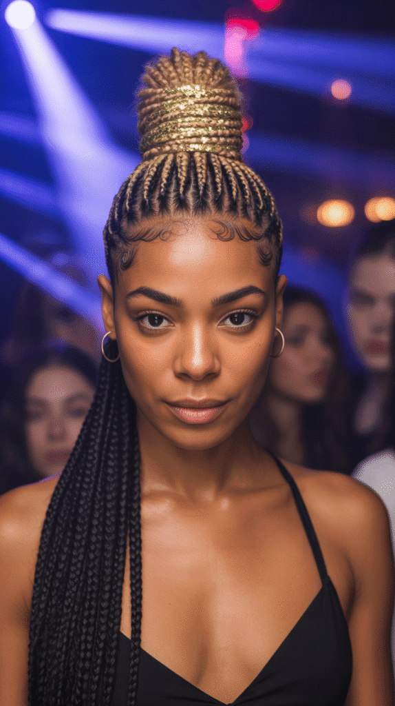 27 Festive Christmas Hairstyles for Black Girls That Shine Bright 26 Braided Mohawk with Glitter Gel