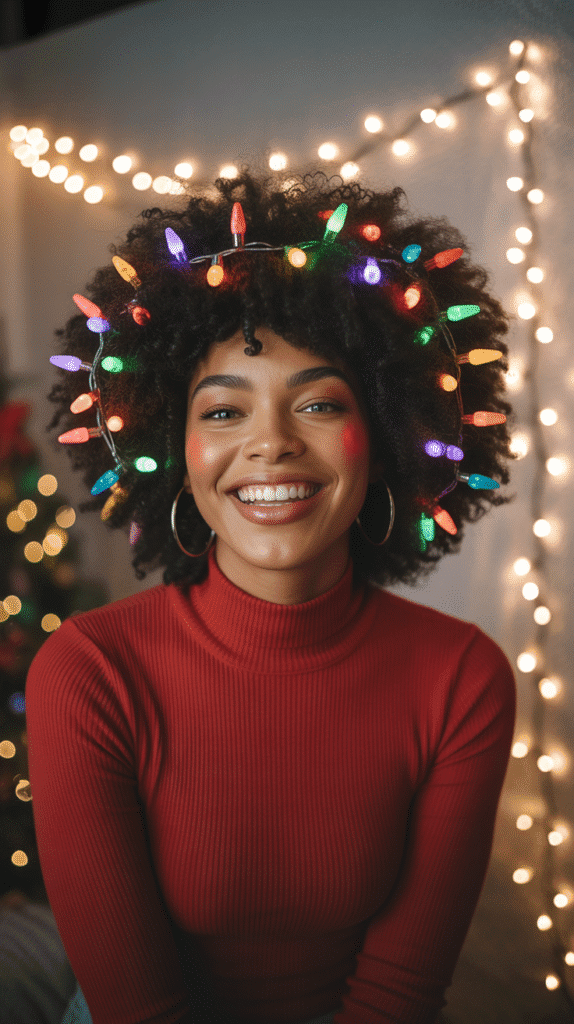 27 Festive Christmas Hairstyles for Black Girls That Shine Bright 10 Natural Afro with Christmas Light Bobby Pins