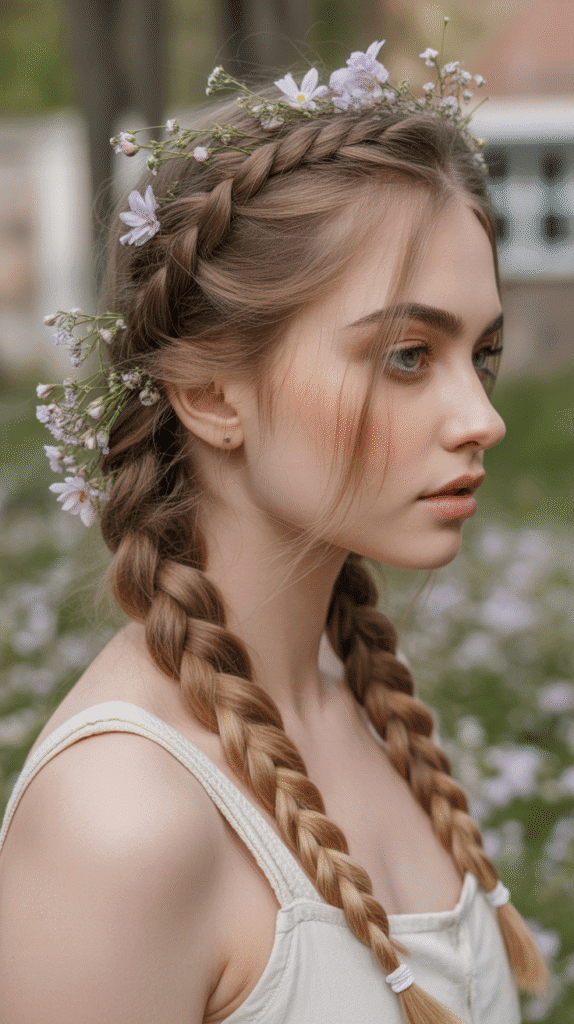 30 Elegant Elf Hairstyles for Long Hair Straight Out of a Fairytale 21 Flower-Woven Milkmaid Braid