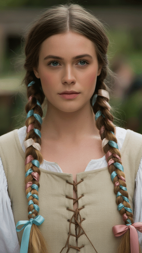 30 Elegant Elf Hairstyles for Long Hair Straight Out of a Fairytale 15  Medieval Maiden Center Part with Ribbons