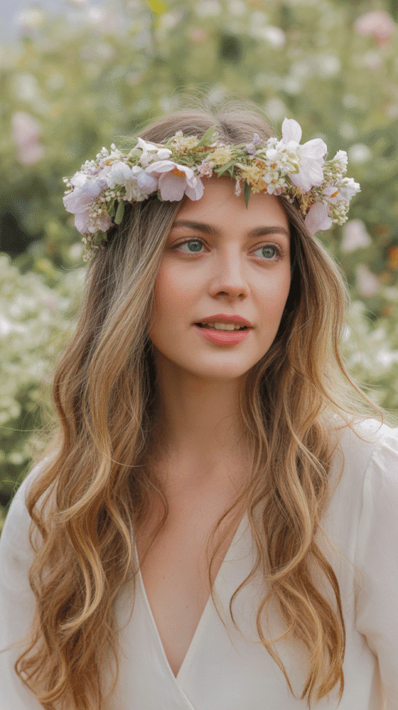 30 Elegant Elf Hairstyles for Long Hair Straight Out of a Fairytale 4 Romantic Loose Waves with Flower Crown