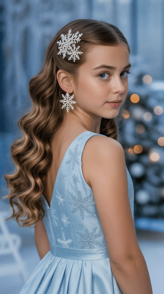 30 Cute Christmas Hairstyles for Girls Perfect for Holiday Parties 7  Side-Swept Curls with Snowflake Pins