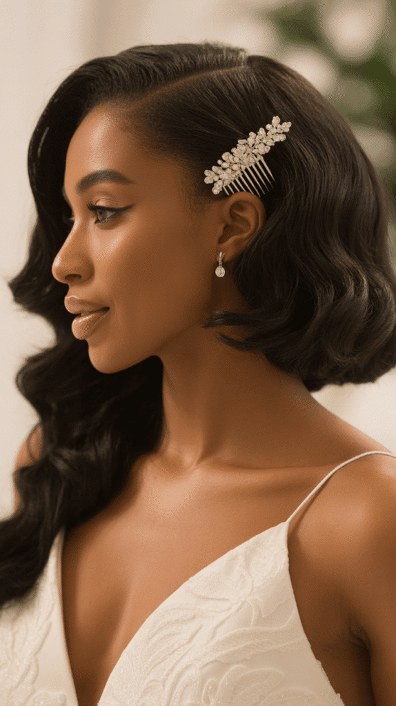 25 Breathtaking Winter Wedding Hairstyles for Black Brides 11 Hollywood Waves with Side Sweep