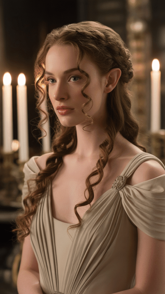 27 Gorgeous Elf Hairstyles for Curly Hair Full of Fantasy Charm 16 Low Braided Bun with Wispy Curls