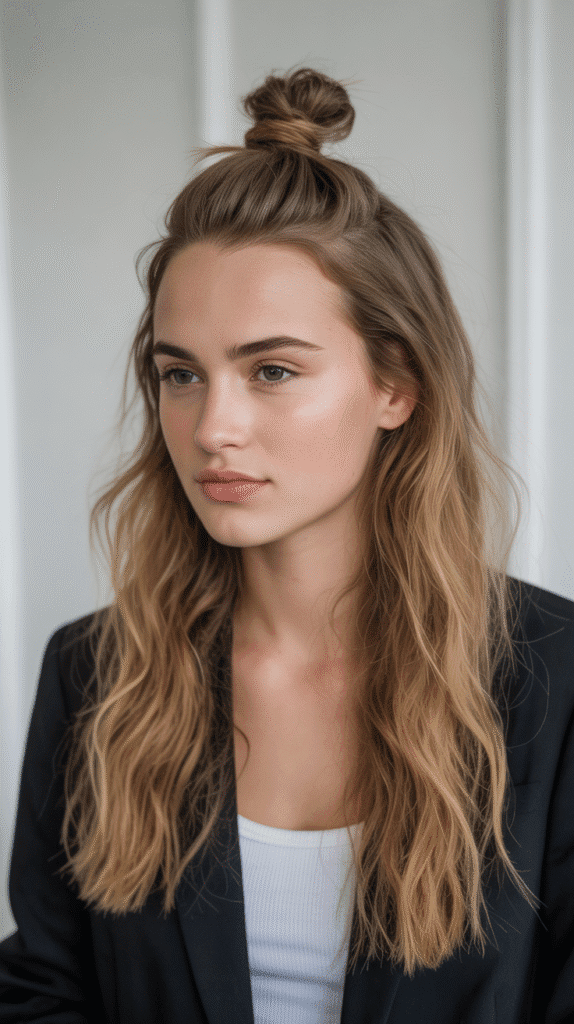 28 Enchanting Whimsical Hairstyles for Long Hair Perfect for Any Occasion 23 Half-Up Top Knot