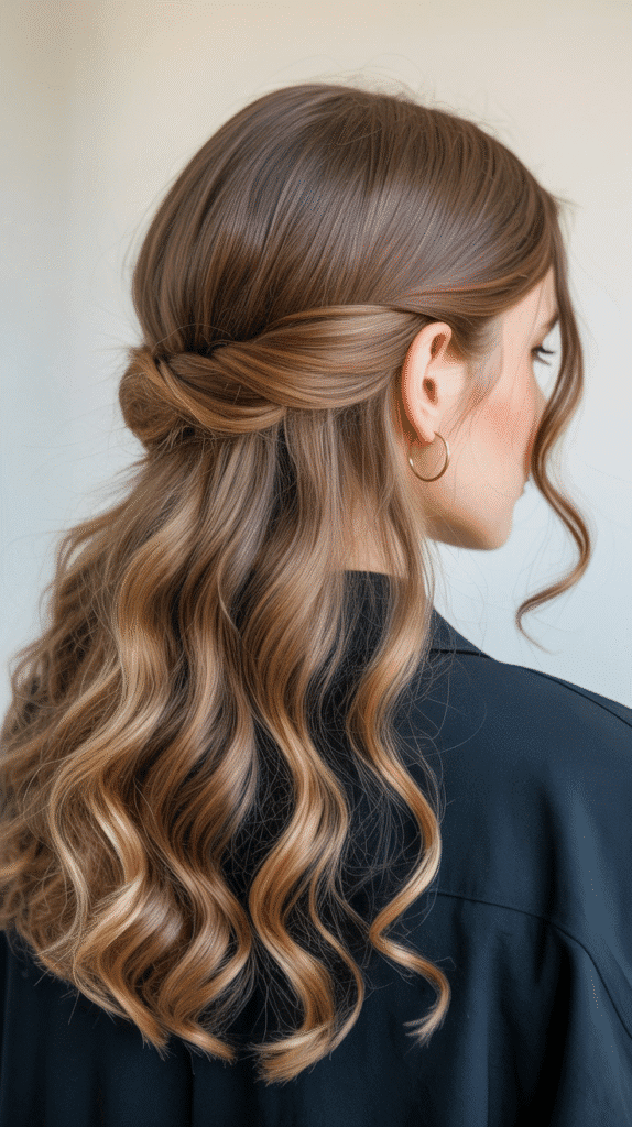27 Elegant Whimsical Updo Hairstyles to Elevate Your Look 19 Half-Up Twisted Crown